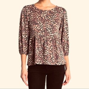 BOBEAU BABYDOLL BLOUSE TOP ANIMAL PRINT BROWN NWT